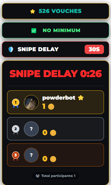Powder Auction live board with snipe delay